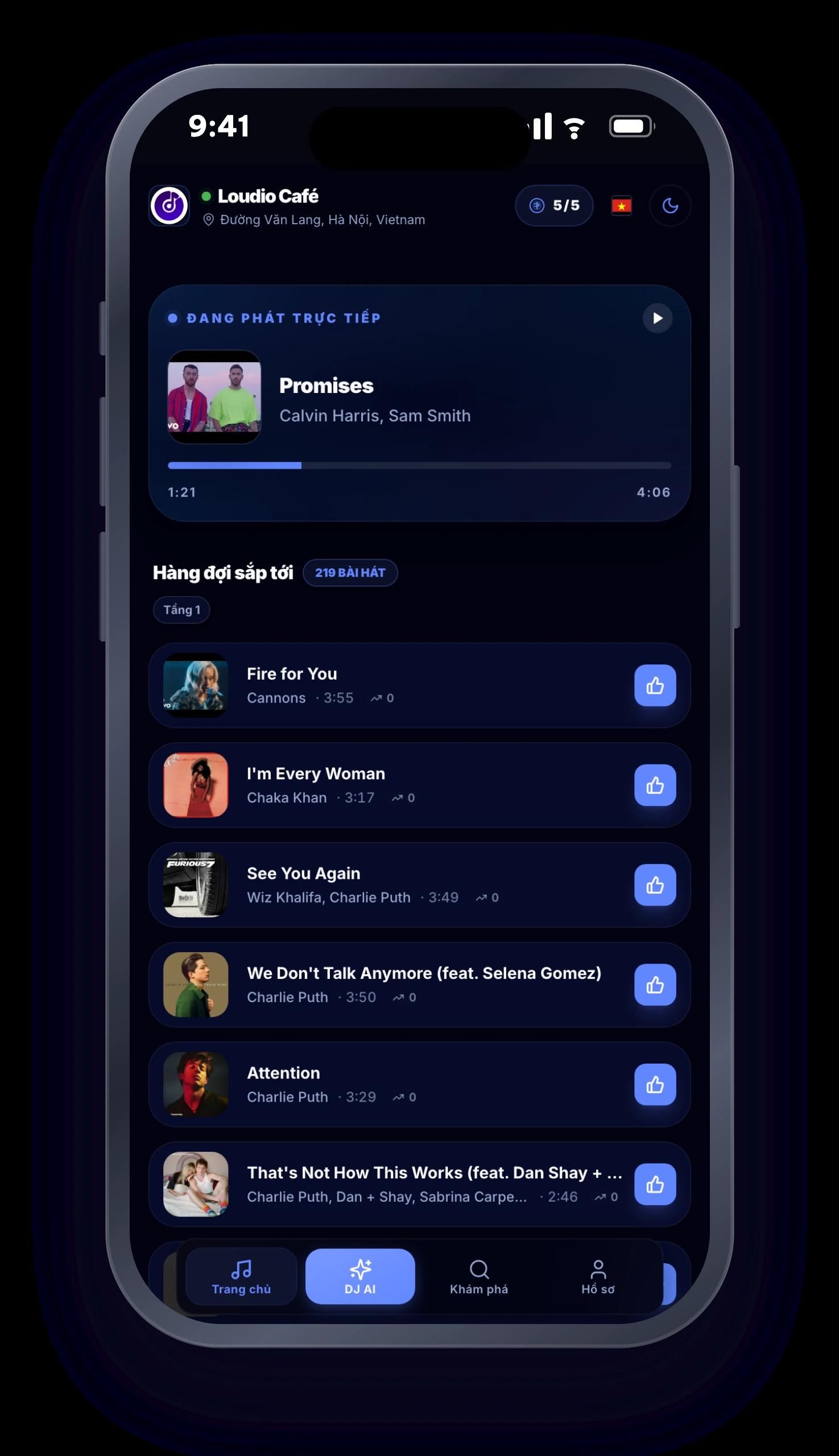 Loudio song request screen for guests